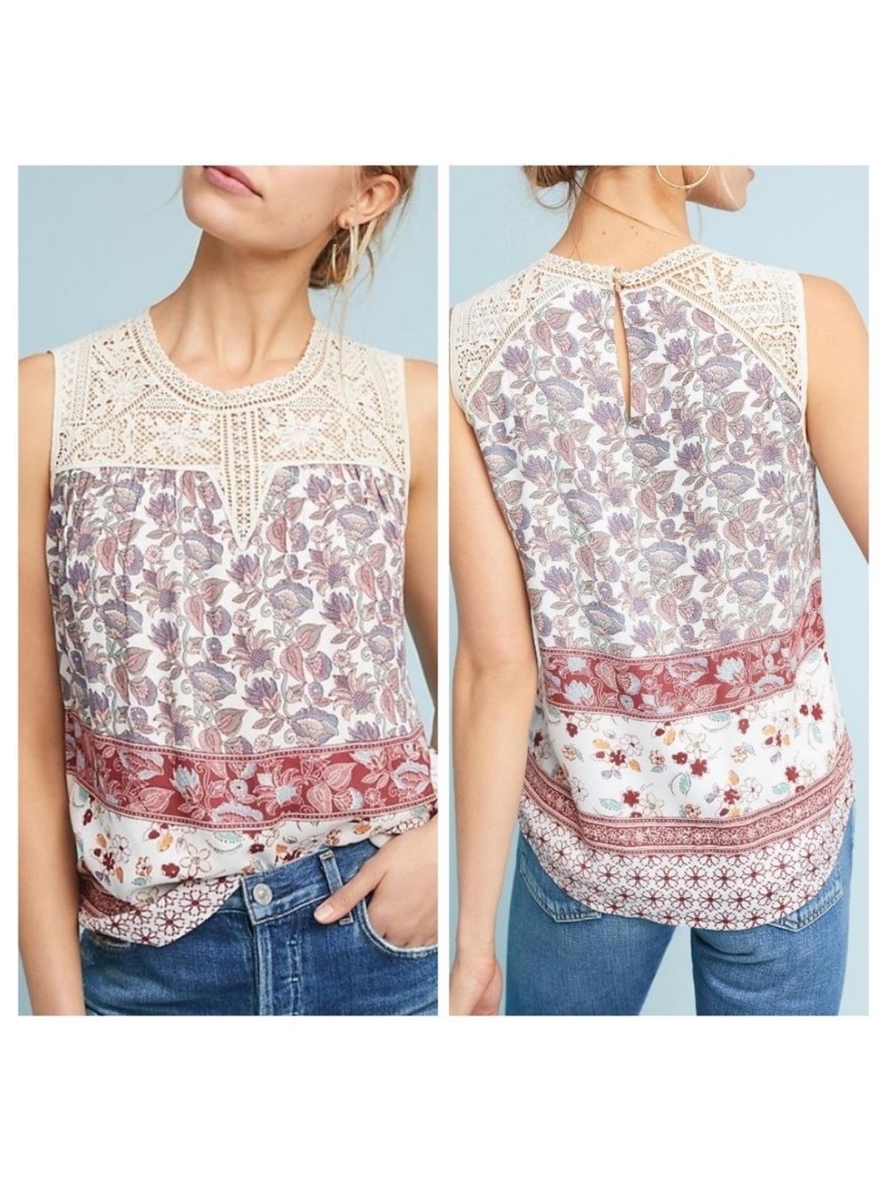 Maeve Crochet Floral Boho Tank with Dusty Rose Border - Size XL